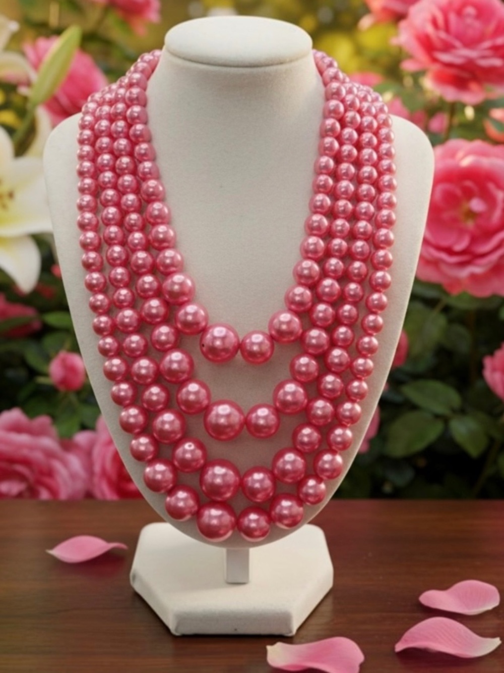 Vintage Mid-Century Faux Pearl Four Strand Necklace in Luminous Vibrant Pink